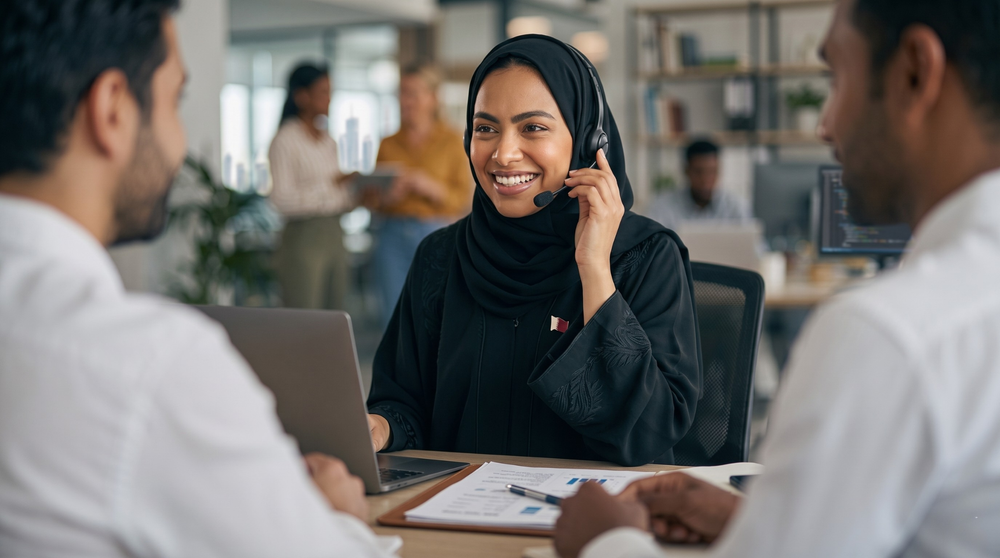 Woman wearing a headset in an office setting with colleagues around her.