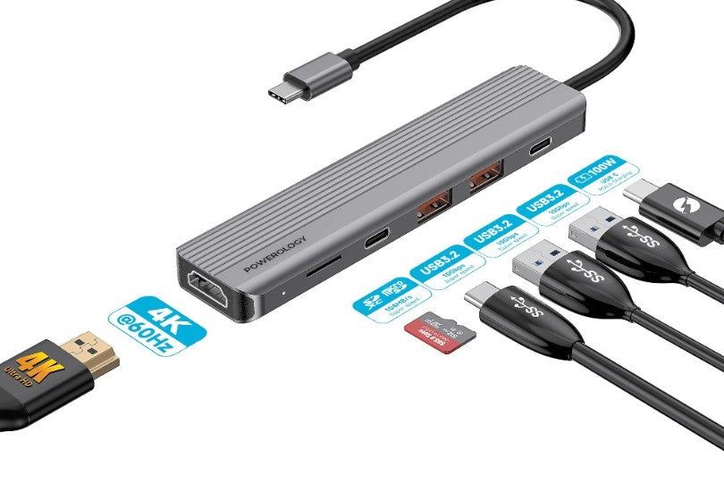 Powerology 6 In 1 Slim 4K Hdmi Usb-C Hub Pd 100W Usb Microsd
