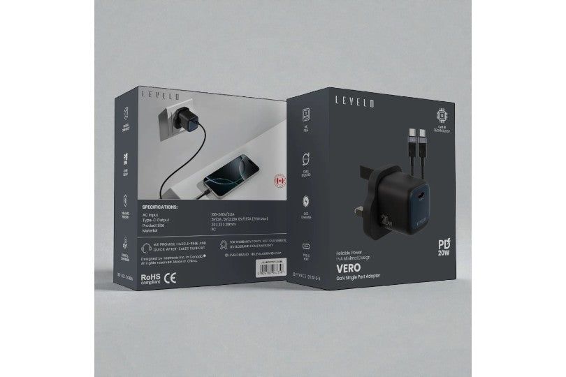 Levelo Vero 20W Gan Uk Adapter With Single Type-C Port & C To C Cable