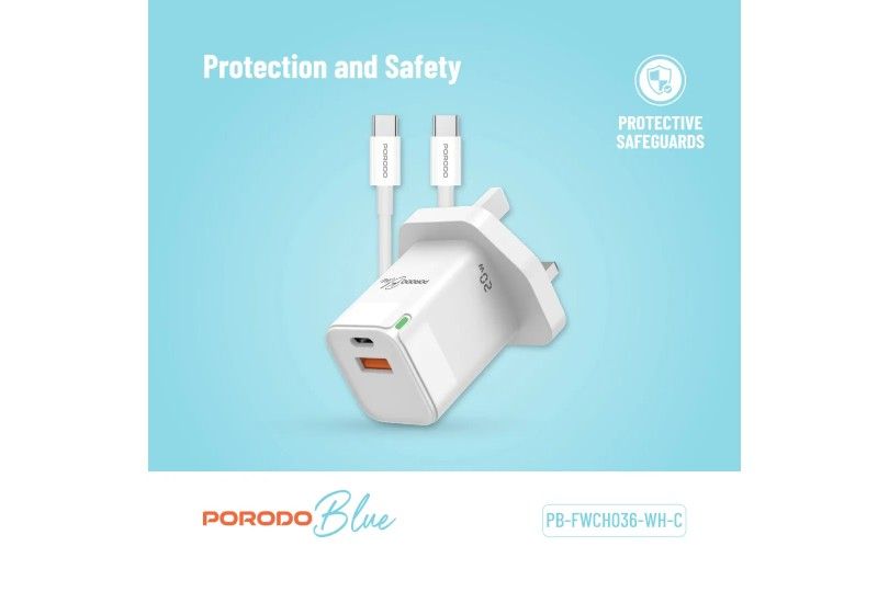Porodo Blue 20W Wall Charger 1*Pd Type-C And 1* Qc Type-A Uk With Typec To C Cable
