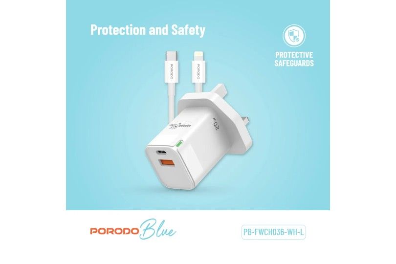 Porodo Blue 20W Wall Charger 1*Pd Type-C And 1* Qc Type-A Uk With Typec To L Cable
