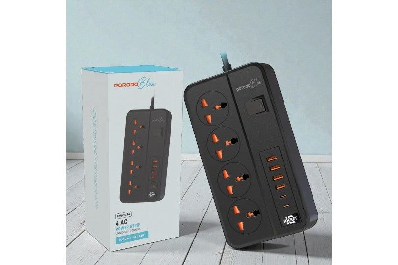 Porodo Blue 4 Ac Power Socket With X4 Usb-C X2 Usb-A Port Uk (3M Wire)