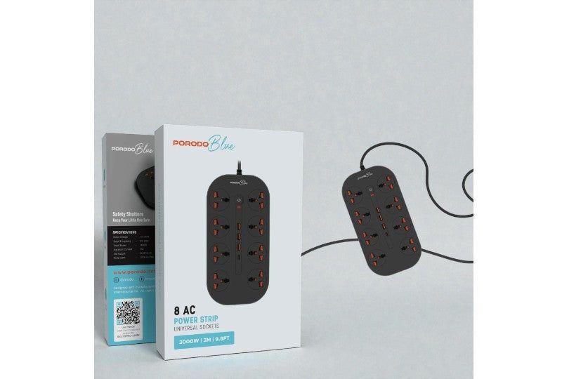 Porodo Blue 8 Ac Power Socket With X1 Usb-C X3 Usb-A Port Uk (3M Wire)