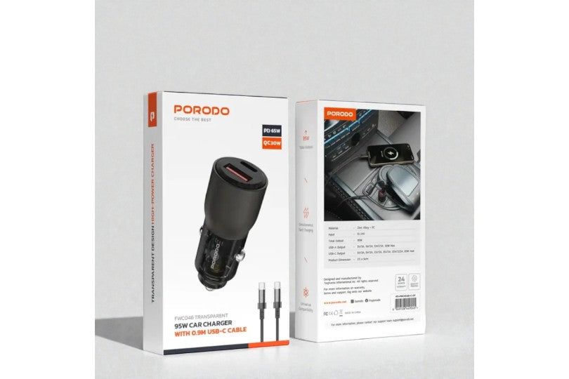Porodo 96W Transparent Usb-A+C Port Car Charger