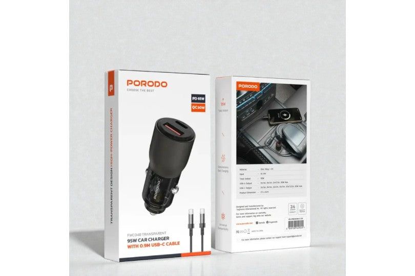 Porodo 96W Transparent Usb-A+C Port Car Charger With C To L .9M Cable - Grey