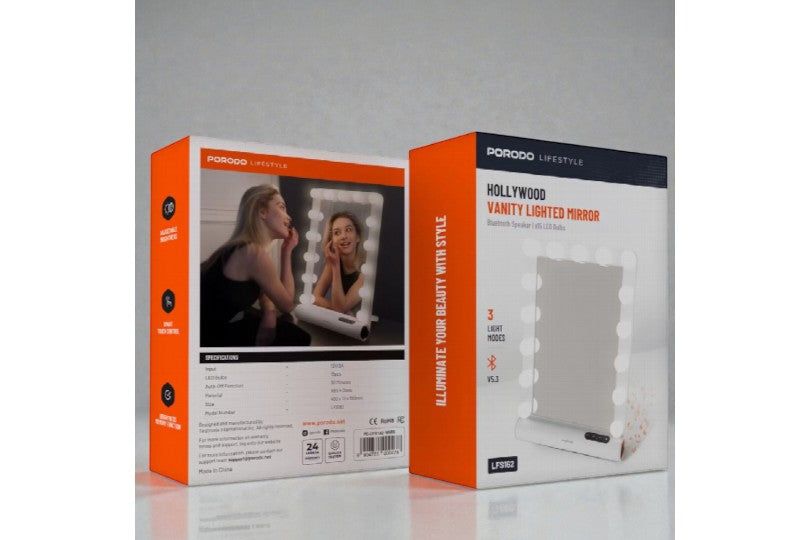 Porodo Square Hollywood Vanity Mirror With Speaker 15 Led Bulb 12V