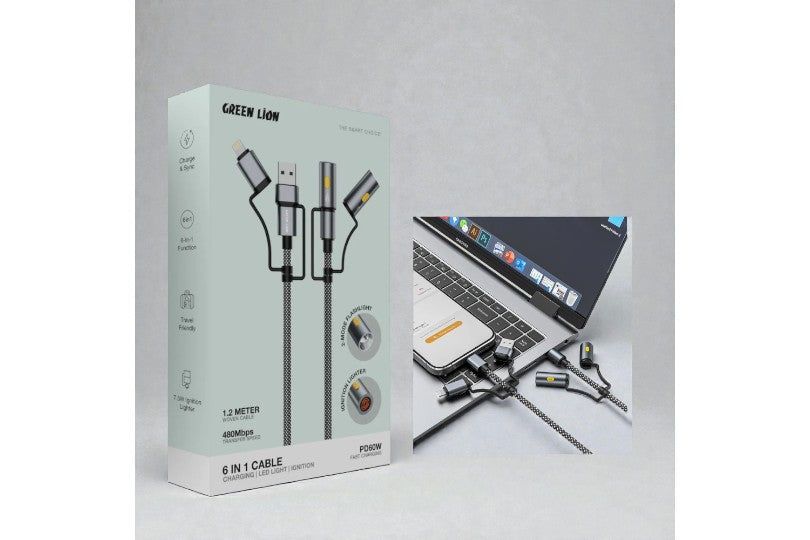 Green Lion 6 In1 Cable Charging, Led Light, Ignition - 1.2M Pd 60W