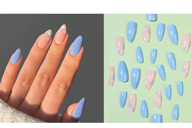 Nail art display with pastel blue and pink nails on a hand and a grid of nail designs.