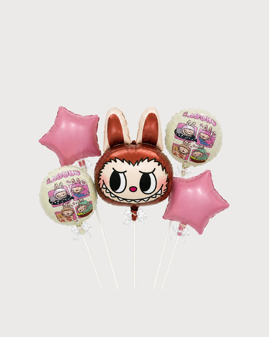 Labubu Face Pink Star Balloon Bouquet