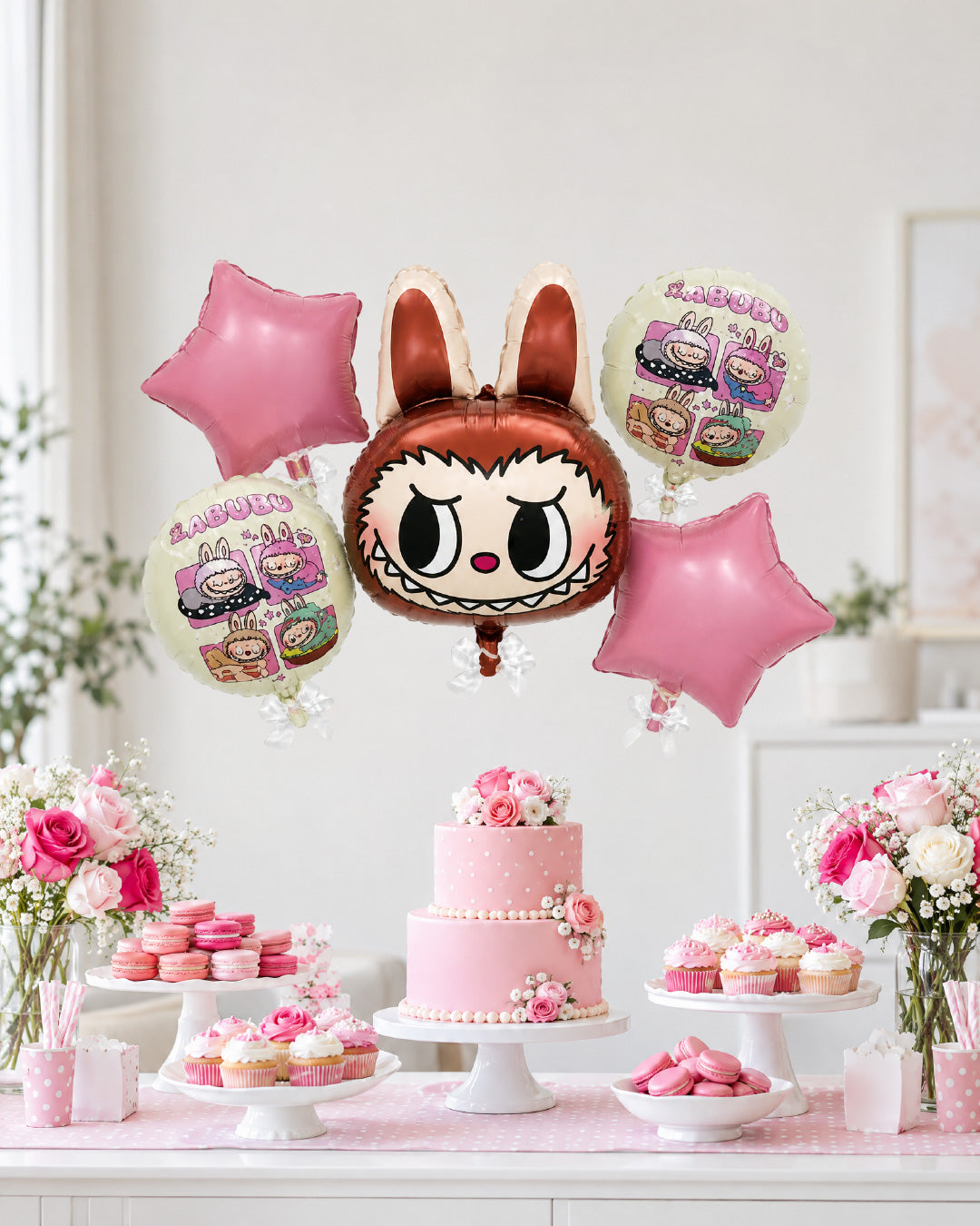 Labubu Face Pink Star Balloon Bouquet