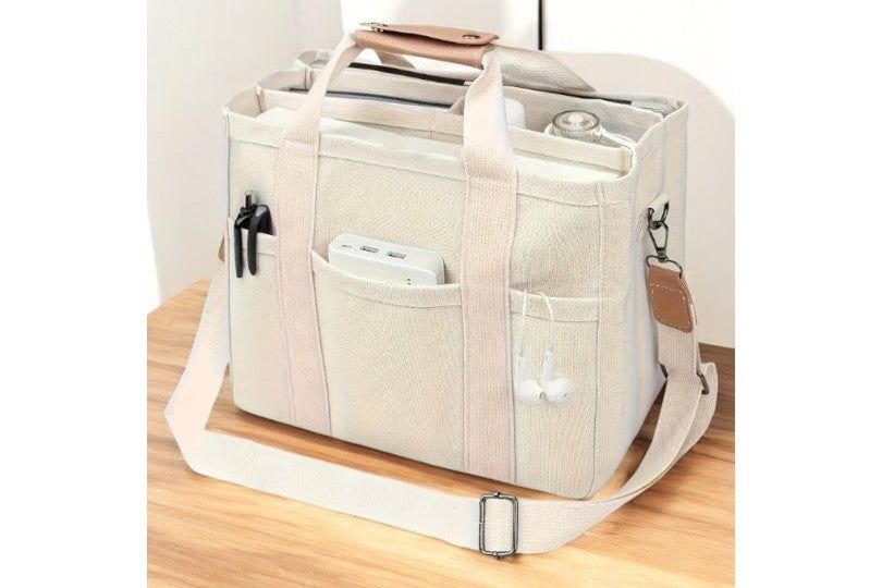 Beige Canvas Tote With Multiple Pockets