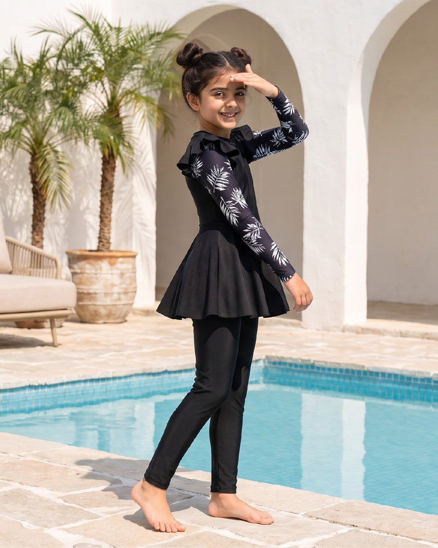 Kid’s Girls 2-Piece Long-Sleeve Skirted Swimsuit Set, Swimwear, Swimming Clothes