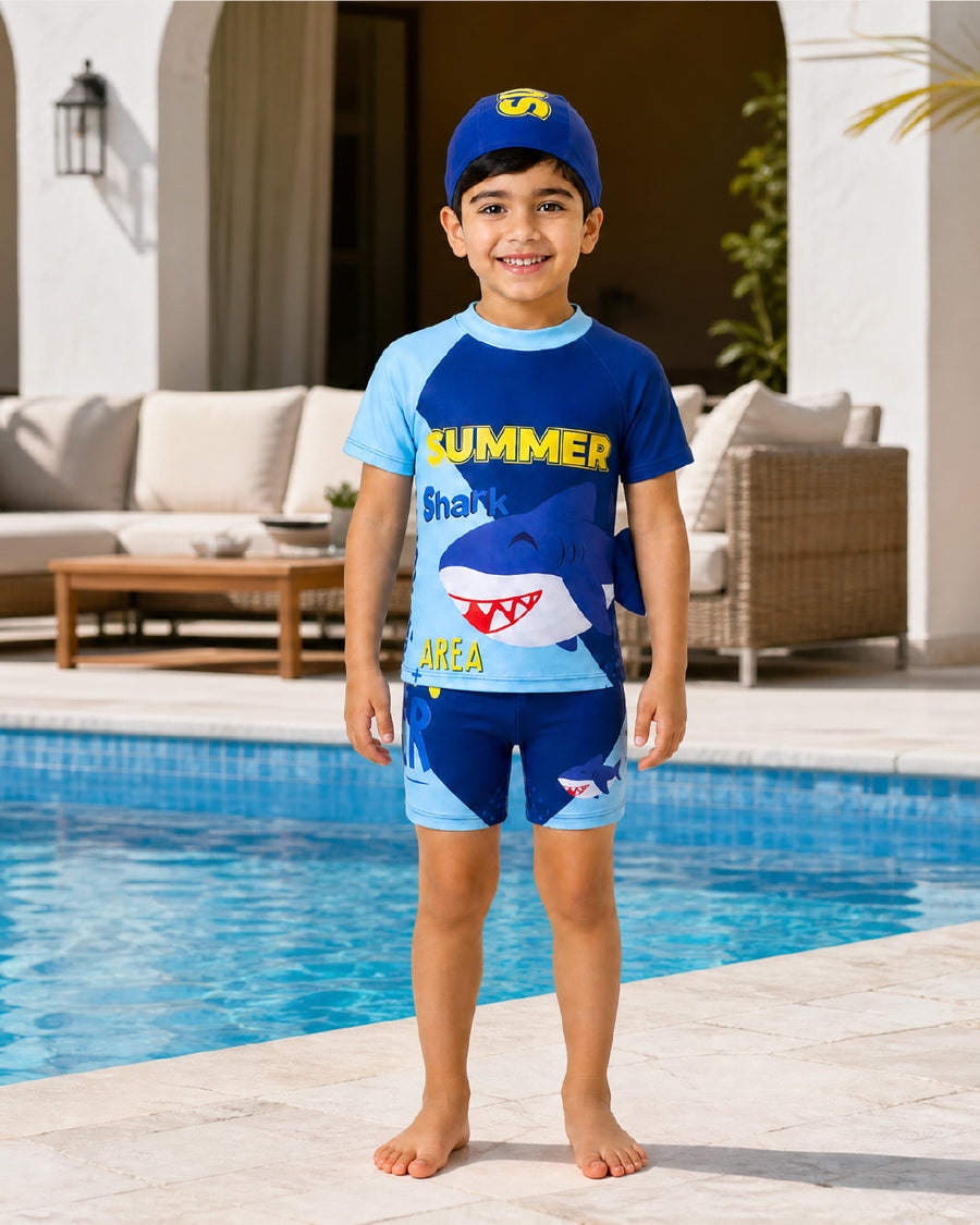 Kid’s Boys 3-Piece Shark Swimsuit Set, Swimwear, Swimming Clothes