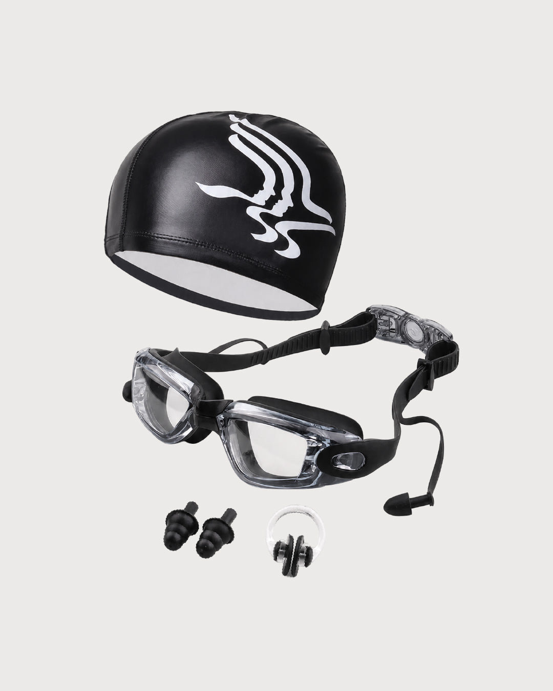 Swimming Goggles Set with Cap, Nose Clip and Ear Plugs