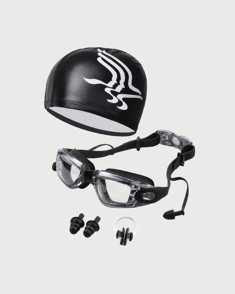 Swimming Goggles Set with Cap, Nose Clip and Ear Plugs