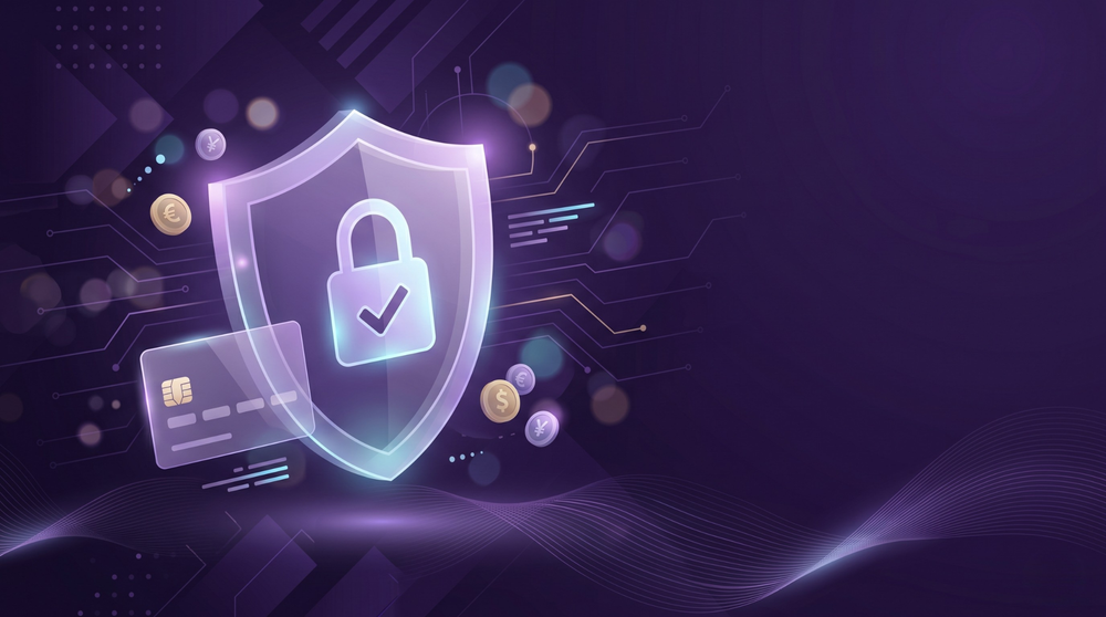 Shield with lock icon and credit card on a digital background