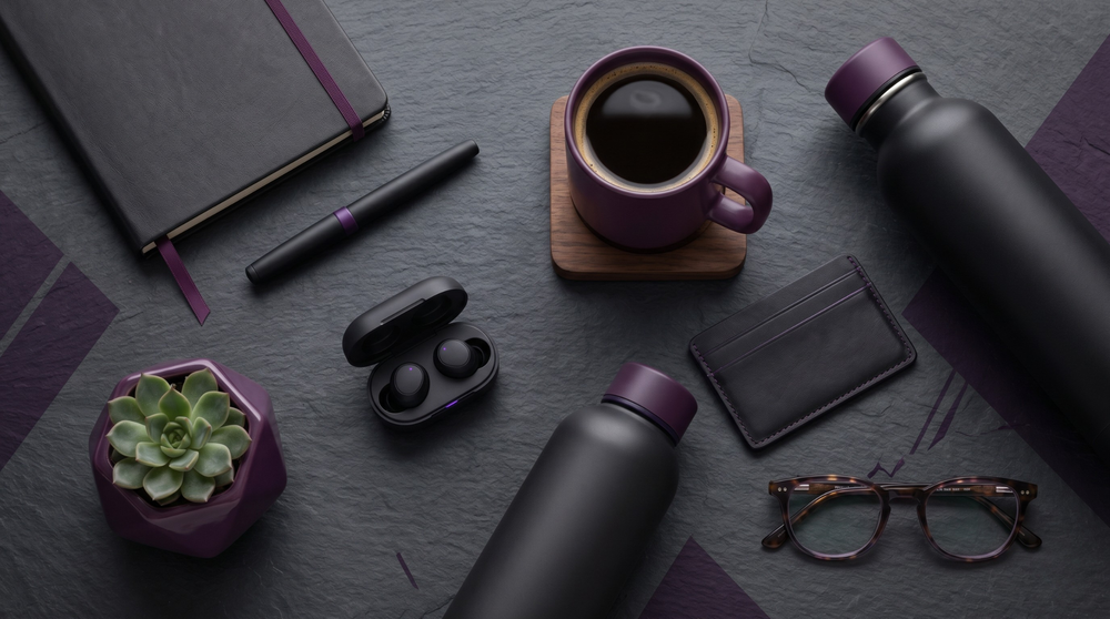 Collection of everyday items including a coffee mug, water bottle, and glasses on a dark surface.