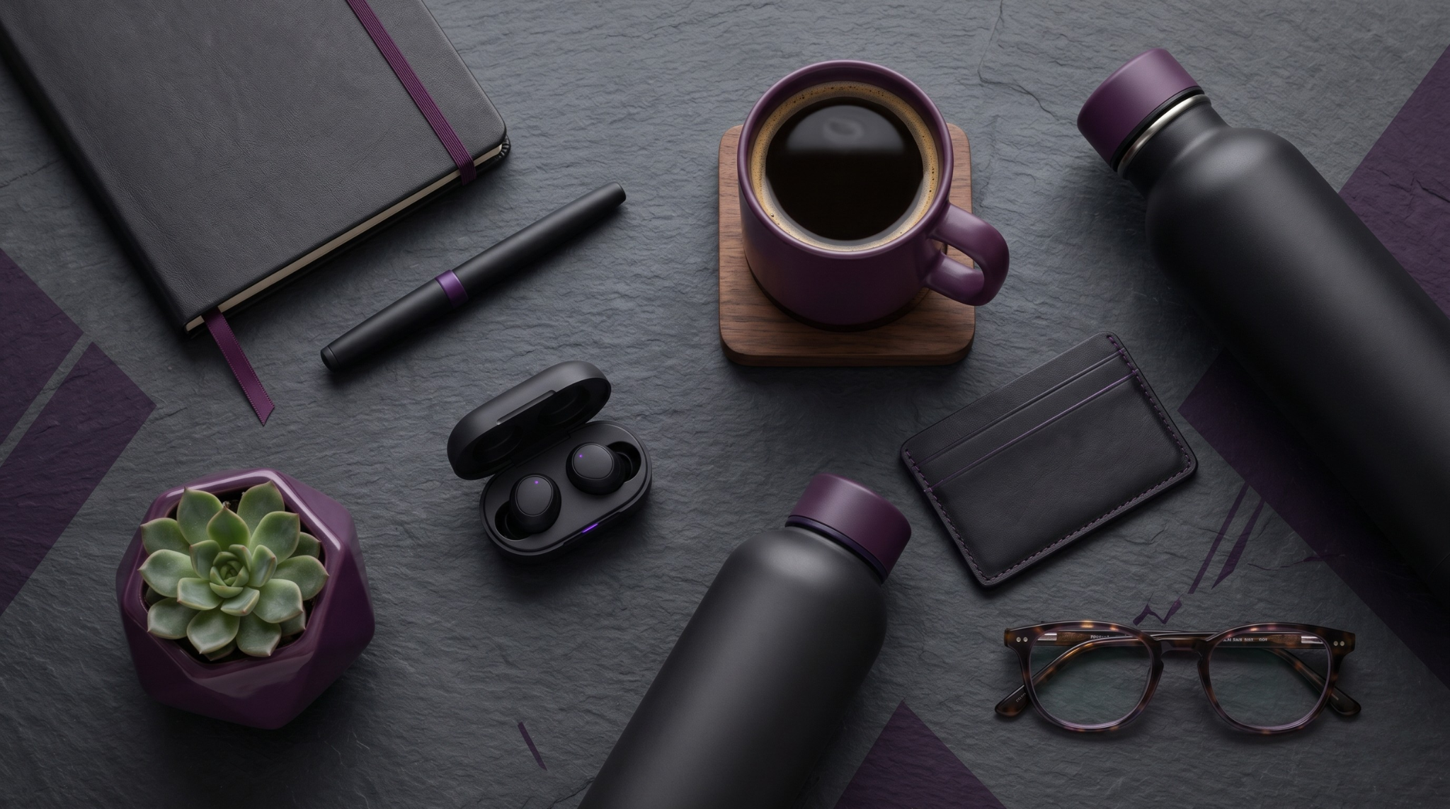 Collection of everyday items including a coffee mug, water bottle, and glasses on a dark surface.
